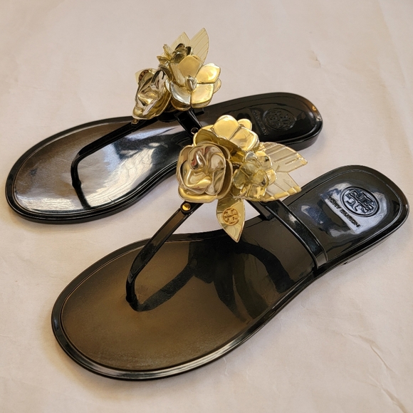 Tory Burch Black Sandals with Gold Floral Detail - Picture 2 of 8